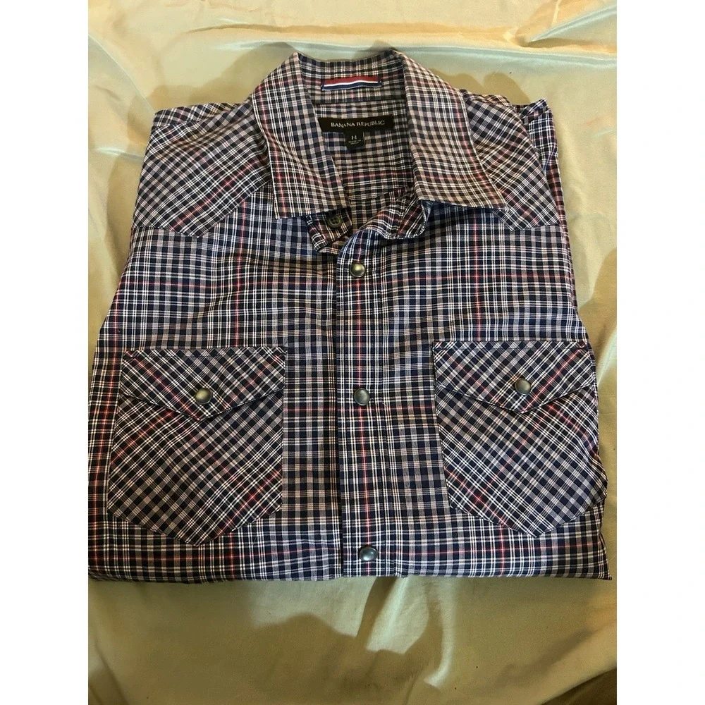 Banana Republic Mens Medium Plaid Western Snap Button Shirt Blue Red Long Sleeve
